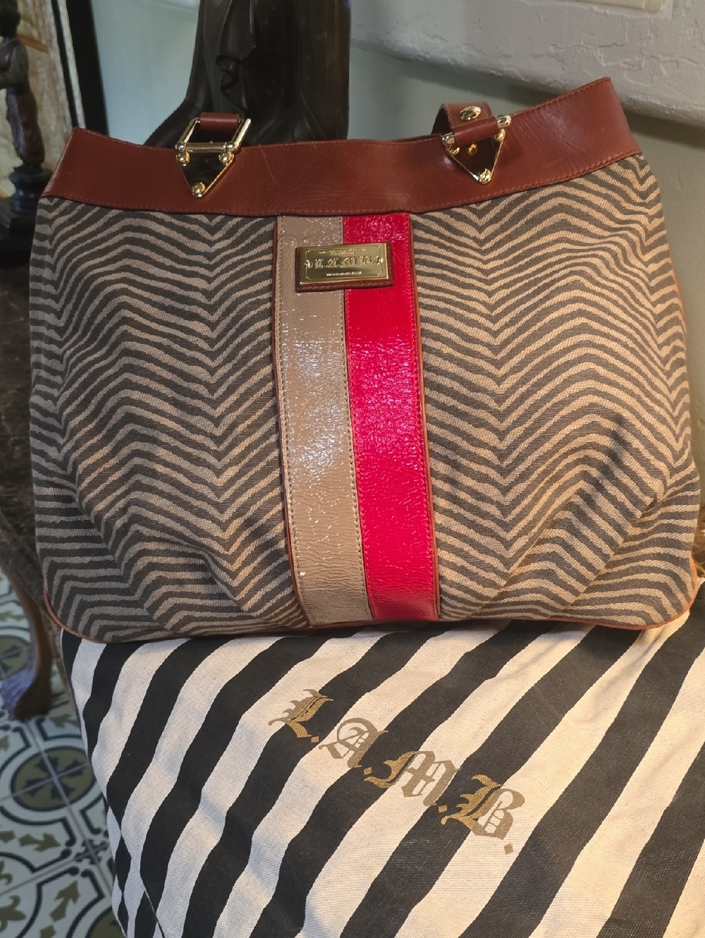 L.A.M.B. Taupe Zebra-Print Tote with Red Patent Leather Stripe